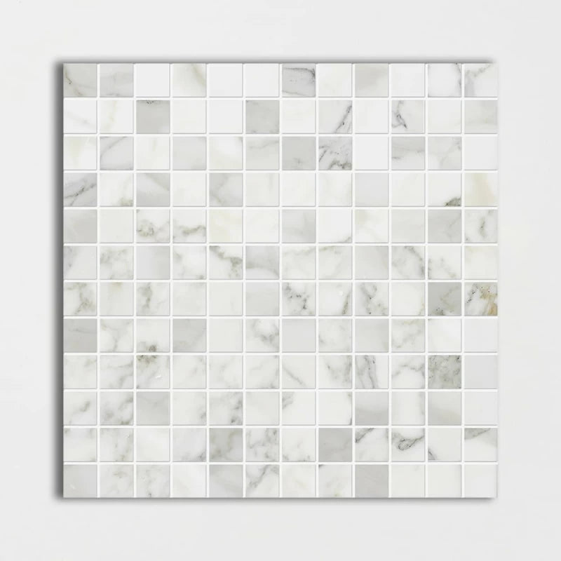 Calacatta Gold 12"x12" Polished Marble 1"x1" Mosaic Tile product shot bathroom view product shot tile view