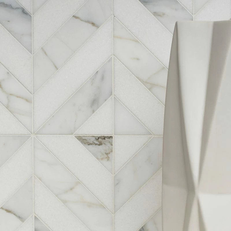 Thassos White and Calacatta Gold 8"x8 1/16" Honed Marina Chevron Marble Mosaic Tile product shot tile view