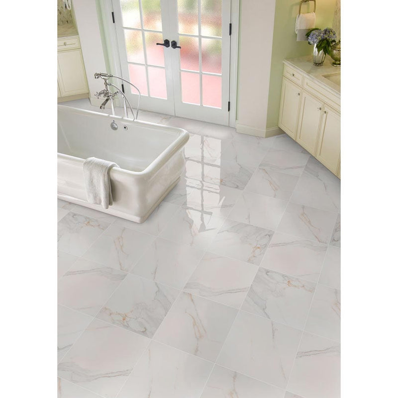MSI Adella Calacatta 18x18 marble look glazed ceramic wall tile NADECAL1818 room shot modern bathroom floor bathtub