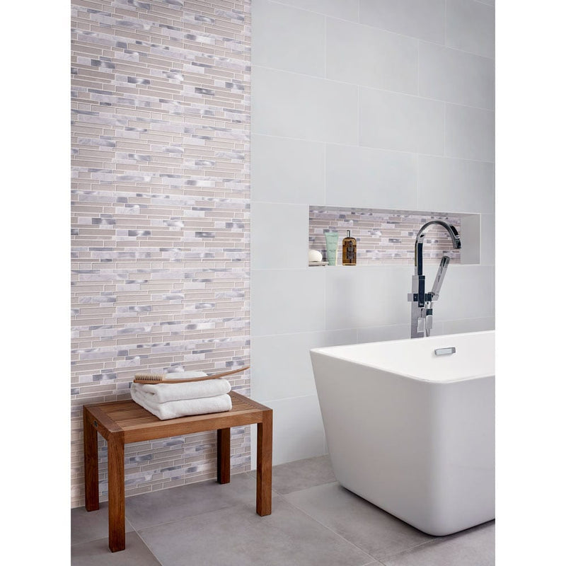 MSI Adella white satin 12x24 glazed ceramic wall tile NADEVISWHI1224 bathroom wall tiles next to white bathtub