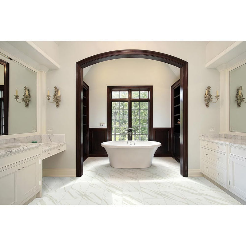 MSI Pietra Calacatta 12x24 marble look glazed porcelain floor wall tile NCAL1224 room shot modern bathroom with a bathtub