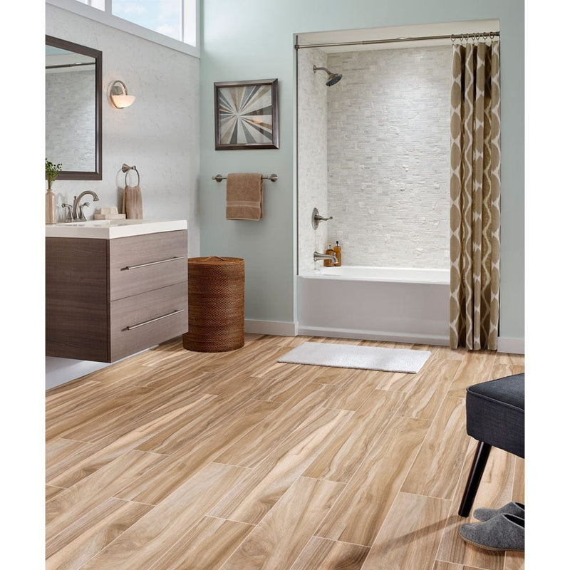 MSI Wood Collection aspenwood amber 9x48 NASPAMB9X48 glazed ceramic floor wall tile room shot modern bathroom