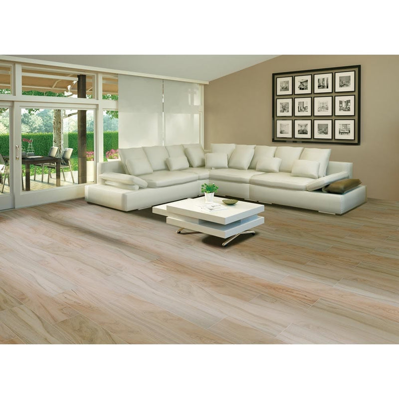 MSI Wood Collection aspenwood artic 9x48 NASPART9X48 glazed ceramic floor wall tile room shot living room white seating set