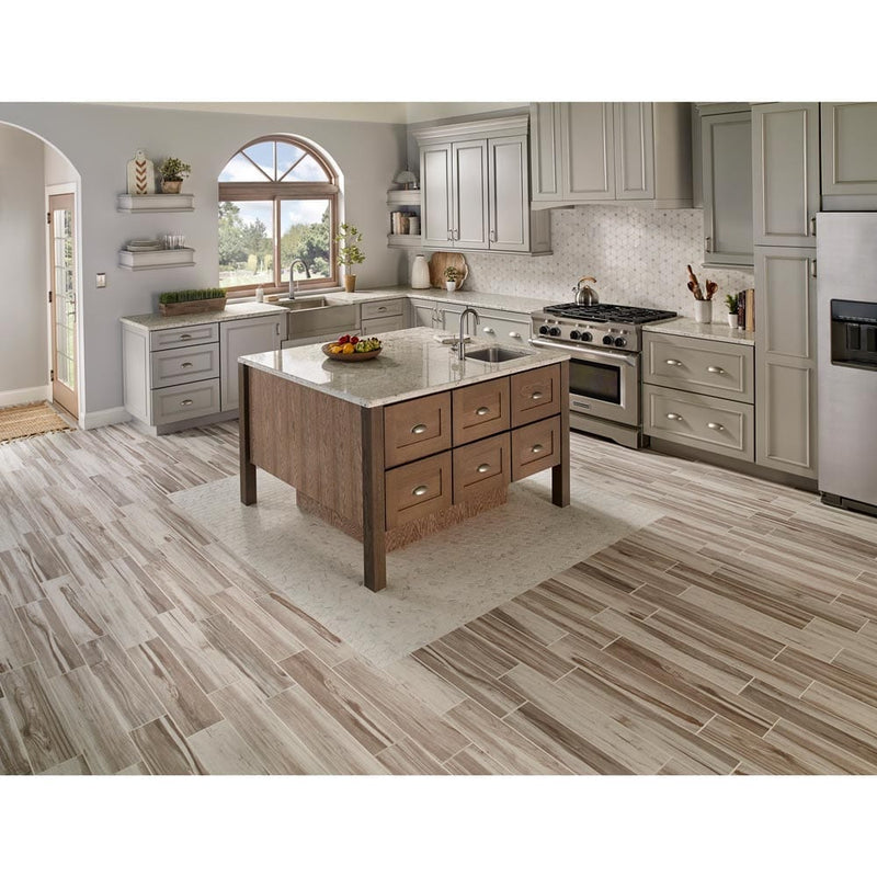 MSI Wood Collection carolina timber white glazed ceramic floor wall tile room shot contemporary kitchen with white cabinets