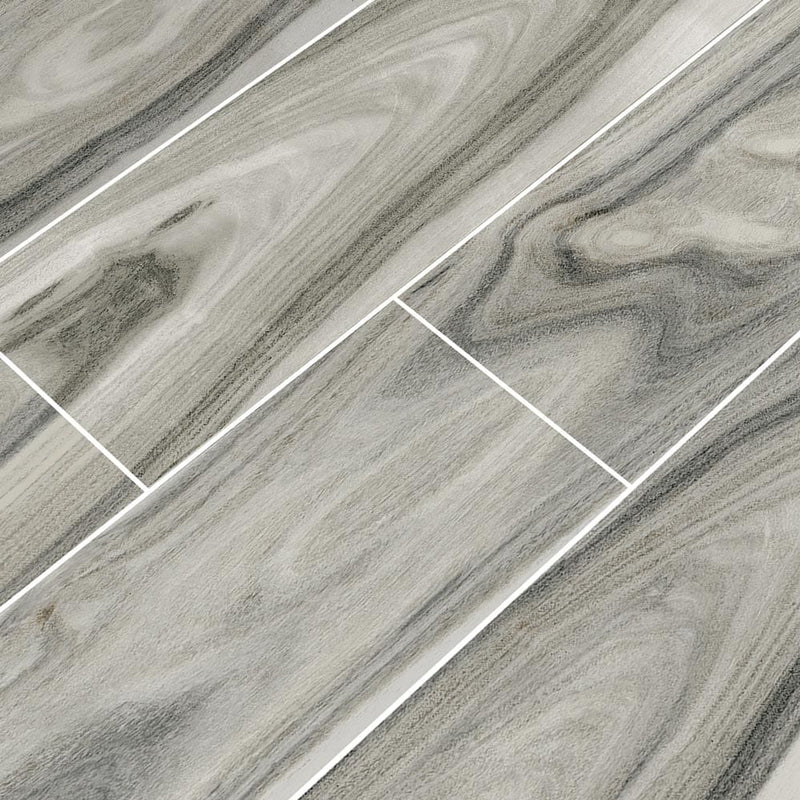 MSI Wood Collection dellano moss grey 8x48 polished porcelain floor wall tile NDELMOSGRE8X48P product shot multiple planks angle view