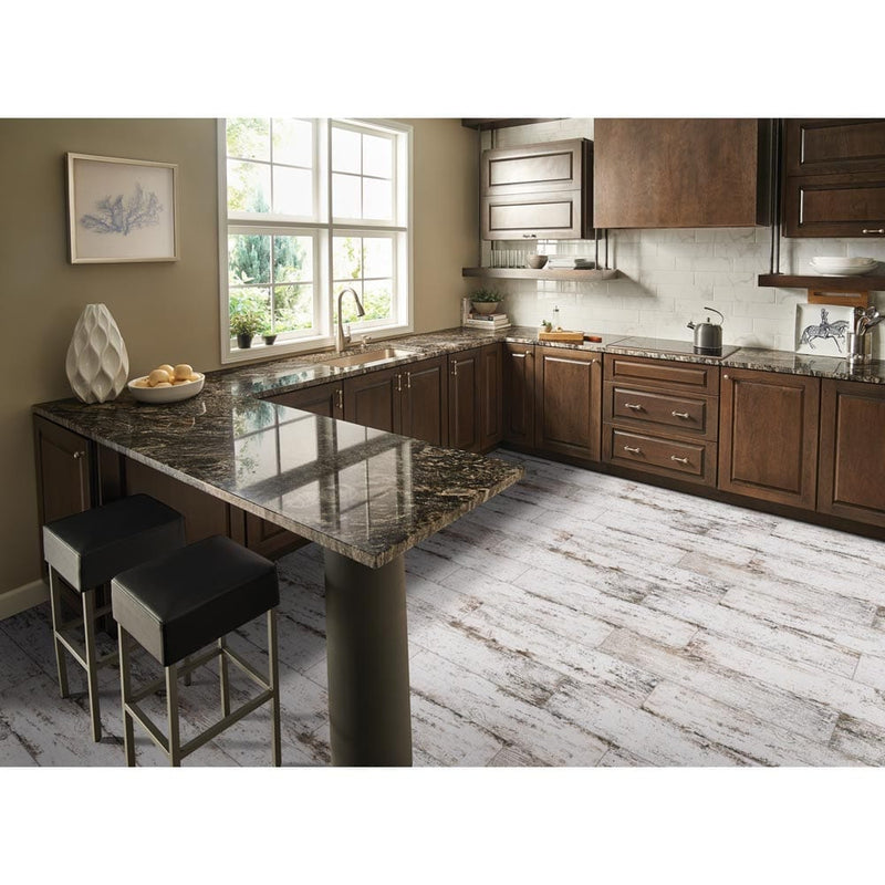 MSI Wood Collection vintage lace 8x36 glazed porcelain floor wall tile NVINLAC8X36 room shot kitchen granite countertop