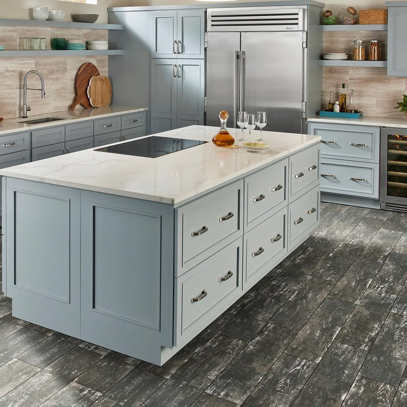 MSI Wood Collection vintage silver 8x36 glazed porcelain floor wall tile NVINSIL8X36 room shot contemporary kitchen white countertops islandtop