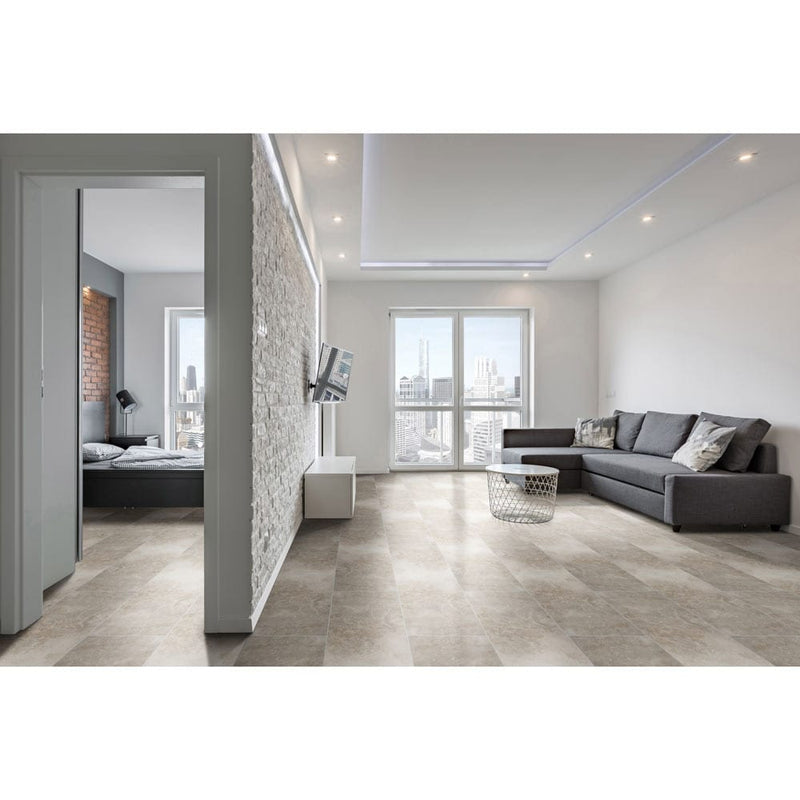 MSI ansello grey 12x24 glazed ceramic floor wall tile NANSGRE1224 room shot bedroom next to living room white walls