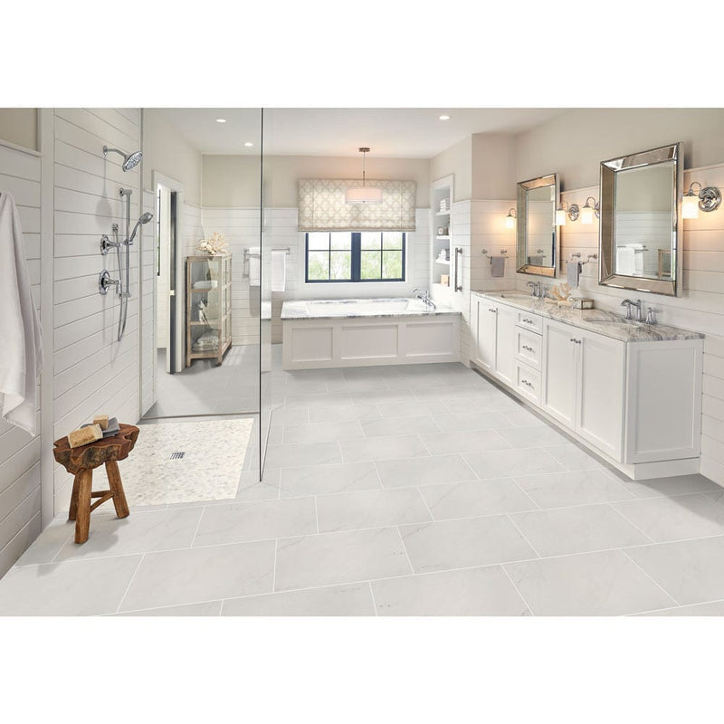 MSI aria ice 12x24 polished porcelain floor wall tile NARICE1224P bathroom double sinks countertop shower and bathtub