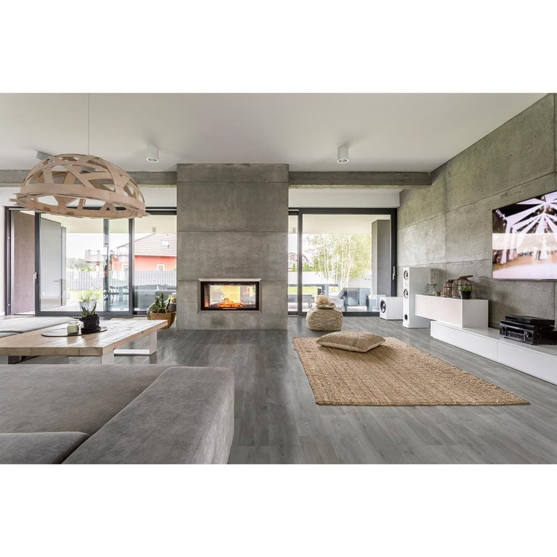 MSI everlife cyrus katella ash rigid core luxury vinyl plank flooring VTRKATASH7X48-5MM-12MIL installed on living room and fireplace in the middle