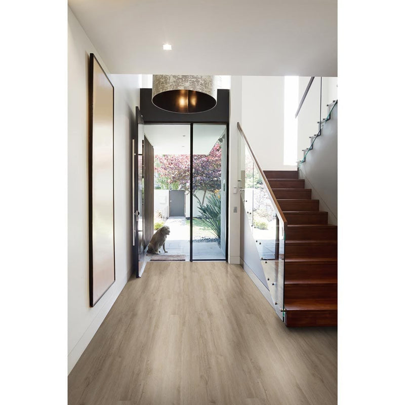 MSI everlife cyrus sandino rigid core luxury vinyl plank flooring VTRSANDIN7X48-5MM-12MIL installed on modern home foyer with stairs