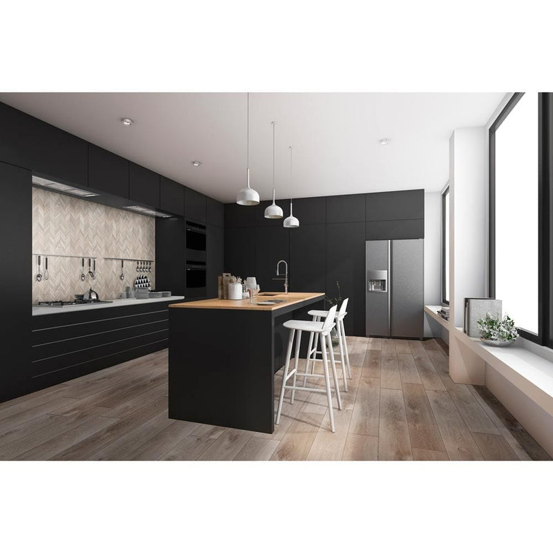 MSI everlife cyrus xl whitfield gray rigid core luxury vinyl plank flooring VTRXLWHTG9X60-5MM-12MIL installed on a modern kitchen with black cabinets and island top in the middle