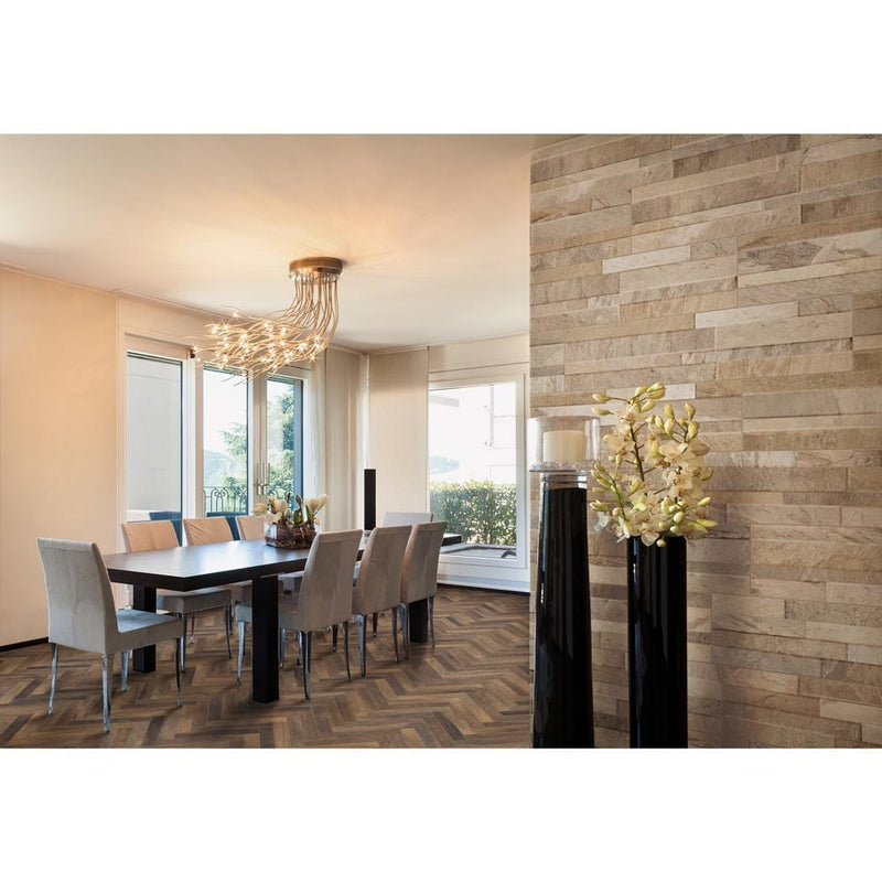 MSI ledger panel collection canyon cream NCANCRE6X24 glazed porcelain wall tile 6x24 room shot dining room wall application