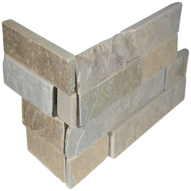 Malibu honey splitface ledger corner 6"x18" natural quartzite wall tile LPNLQMALHON618COR product shot angle view