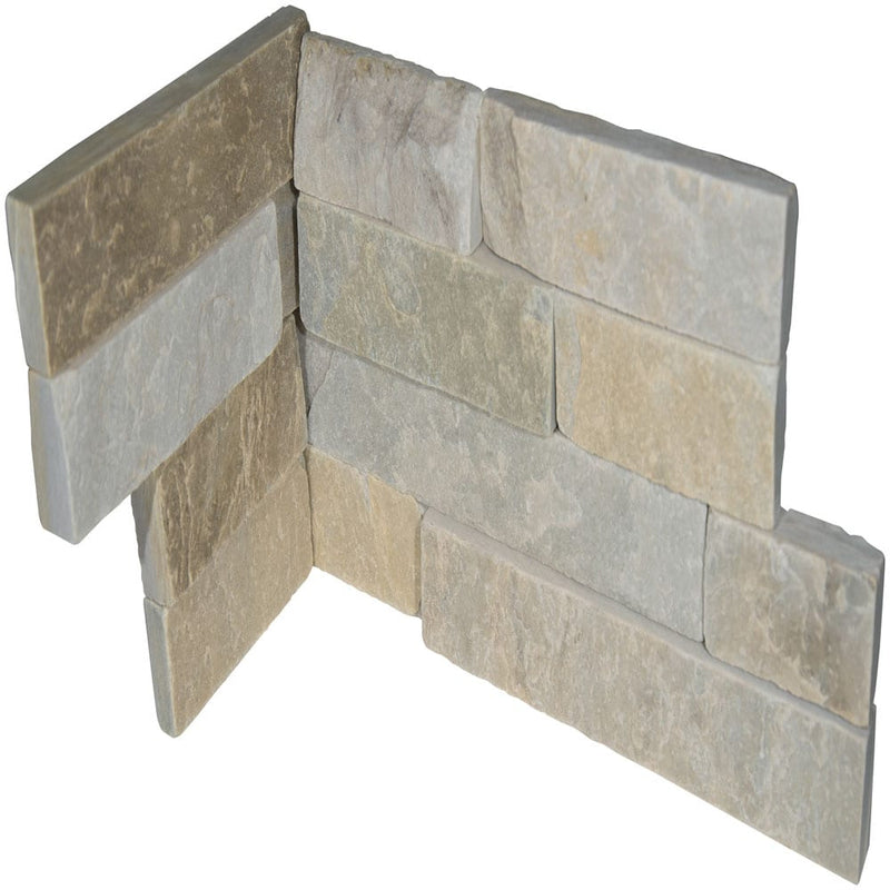 Malibu honey splitface ledger corner 6"x18" natural quartzite wall tile LPNLQMALHON618COR product shot corner front view