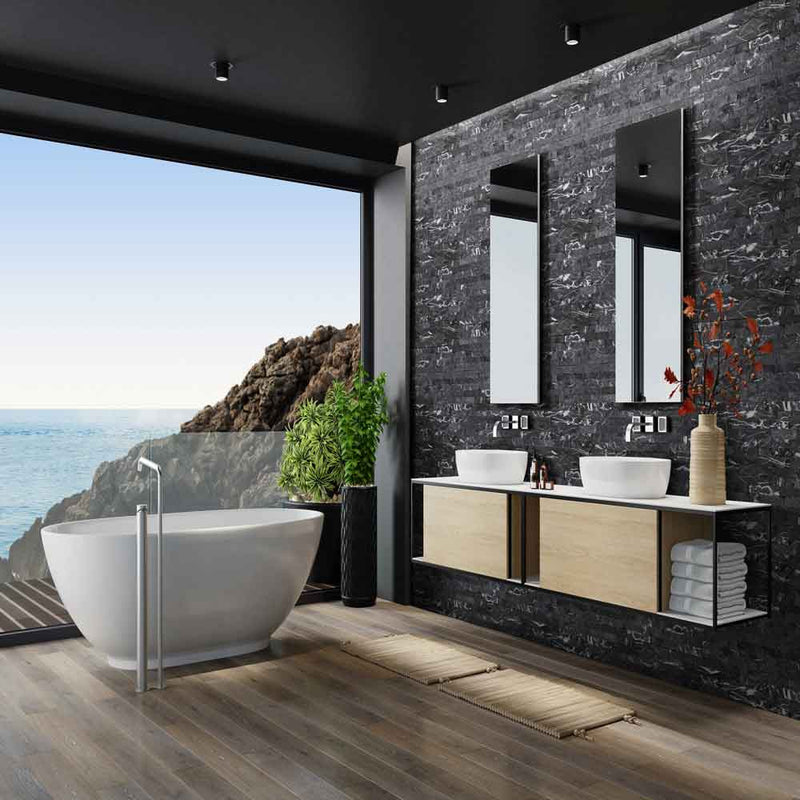 Marquin nero ledger corner 6"x18" splitface marble wall tile LPNLMMARNER618COR product shot outdoor view