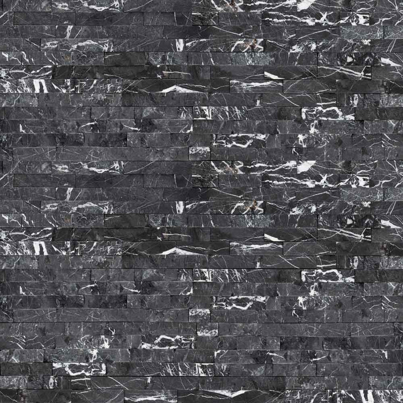 Marquin nero ledger corner 6"x18" splitface marble wall tile LPNLMMARNER618COR product shot top wall view