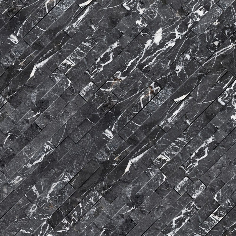 Marquina nero ledger panel 6" x 24" splitface marble wall tile LPNLMMARNER624 product shot angle view