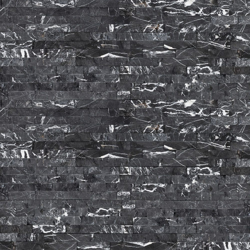 Marquina nero ledger panel 6" x 24" splitface marble wall tile LPNLMMARNER624 product shot wall view