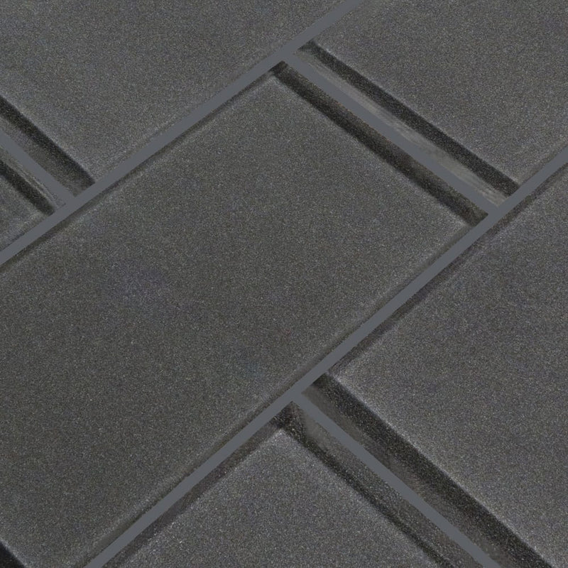Metallic gray 3x6 glossy glass subway tile SMOT GL T MG36 product shot angle view