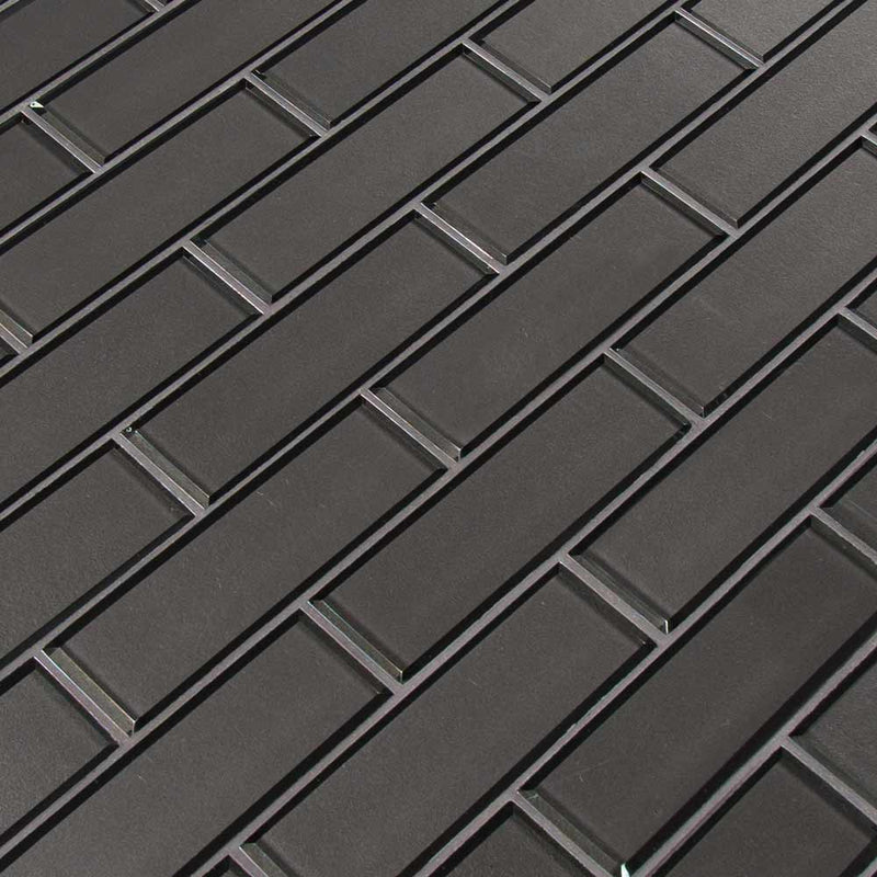 Metallic gray bevel subway 11.73X11.73 glass mesh mounted mosaic tile SMOT GLSST MEGRBE8MM product shot multiple tiles angle view