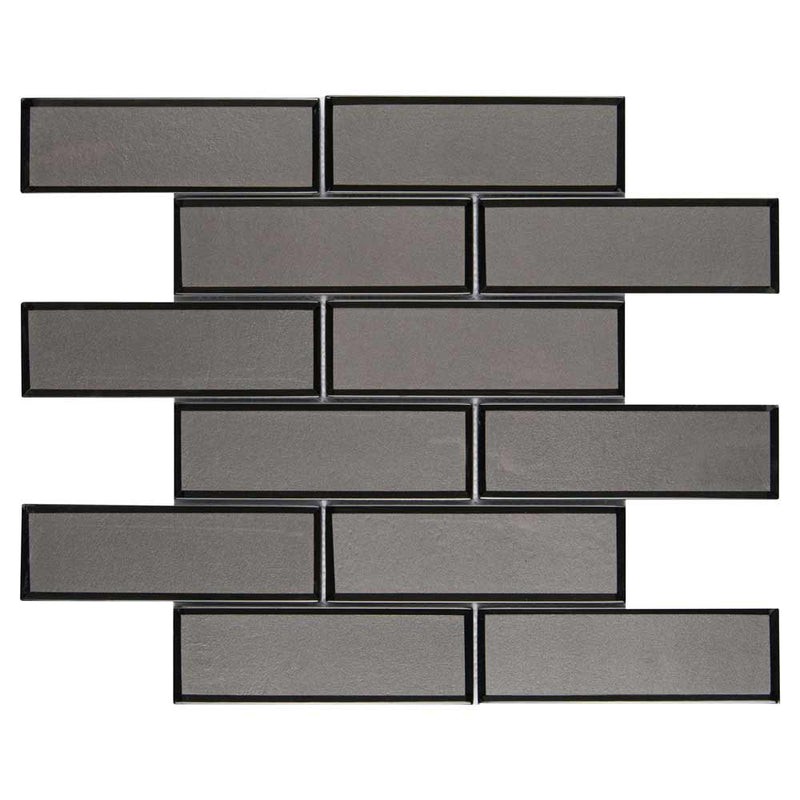 Metallic gray bevel subway 11.73X11.73 glass mesh mounted mosaic tile SMOT GLSST MEGRBE8MM product shot multiple tiles top view