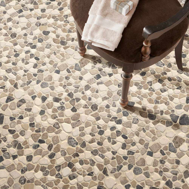 Mix marble pebbles 11.42X11.42 tumbled marble mesh mounted mosaic tile SMOT-PEB-MIXMAR product shot floor view