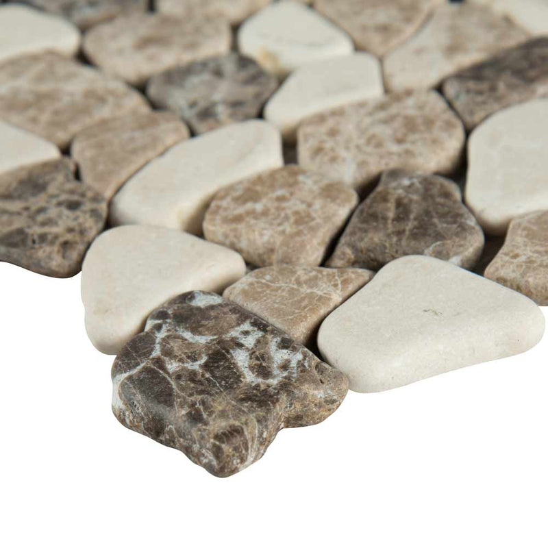 Mix marble pebbles 11.42X11.42 tumbled marble mesh mounted mosaic tile SMOT-PEB-MIXMAR product shot profile view