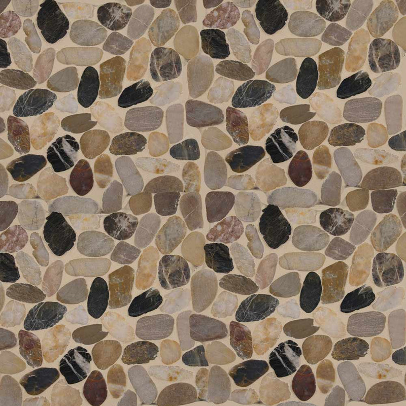 Mix river rock 12X12.2 tumbled quartz mesh mounted mosaic tile SMOT-PEB-MIXRVR product shot multiple tiles close up view