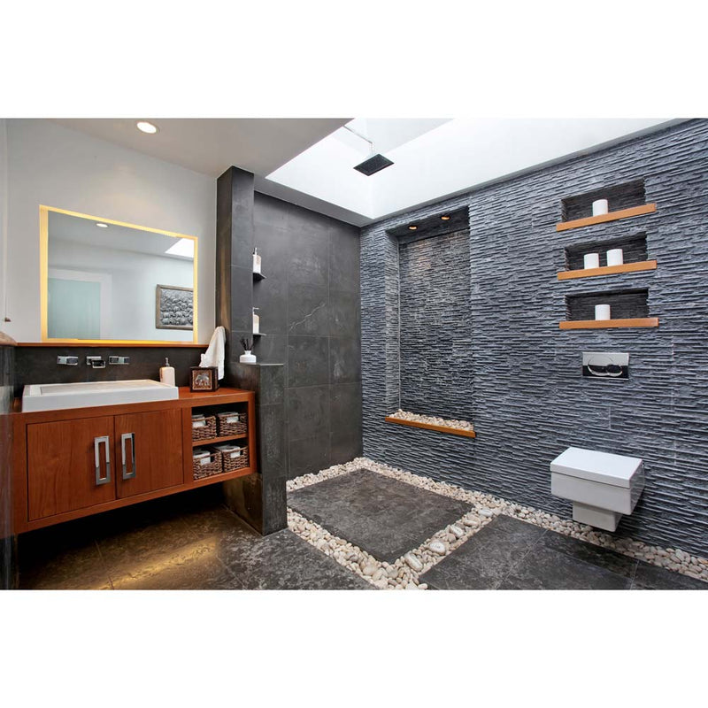 Montauk black 16 in x 16 in honed slate floor and wall tile SMONBLK1616H product shot tile bathroom view