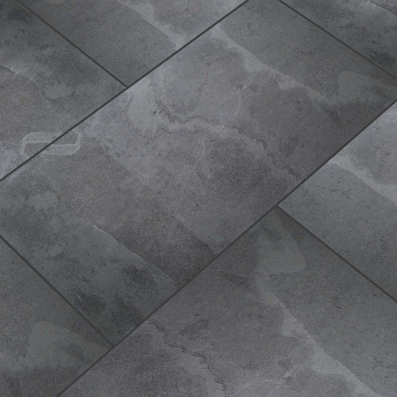 Montauk black 16 in x 24 in gauged slate floor and wall tile SMONBLK1624G product shot multiple tiles angle view