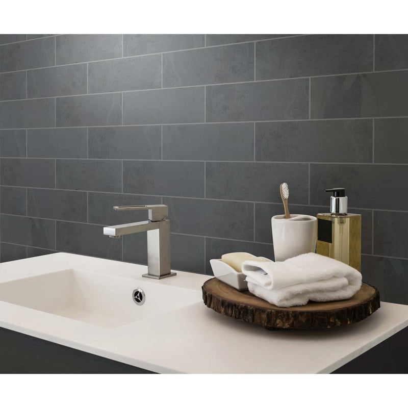 Montauk black 4 in x12 in gauged slate floor and wall tile SMONBLK412G product shot tile bathroom view