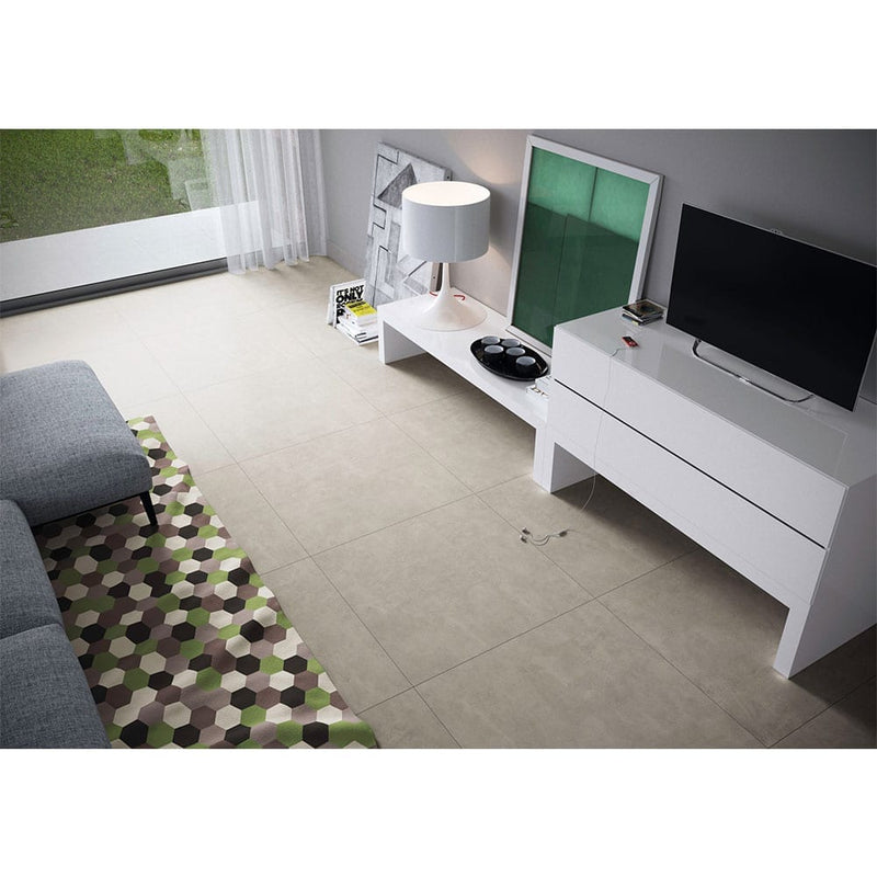 Monza cemento 35x35 matte porcelain floor and wall tile NMONCEM3535 product shot living room view