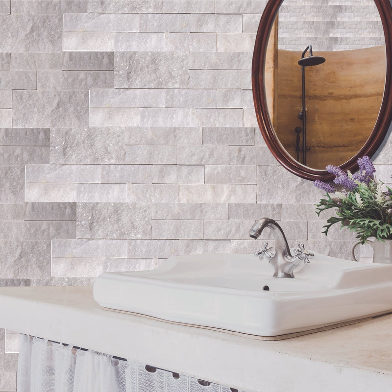 Mugla White Marble Ledger Panel 6x24 split-face Natural Marble Wall Tile installed on bathroom wall