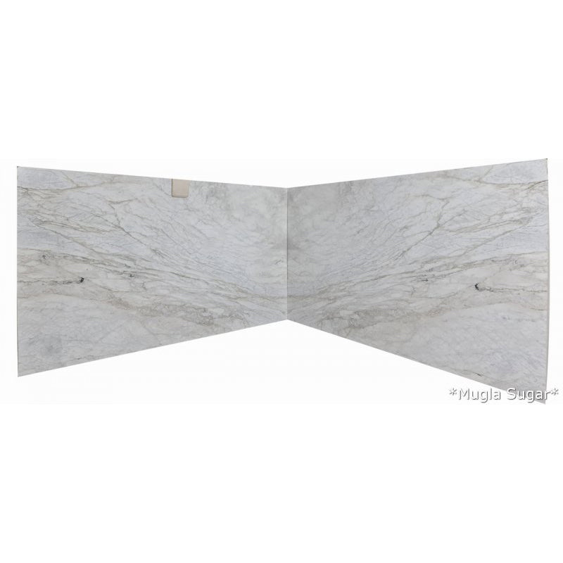 Mugla sugar white marble slabs polished 2cm 2 slabs bookmatching front view