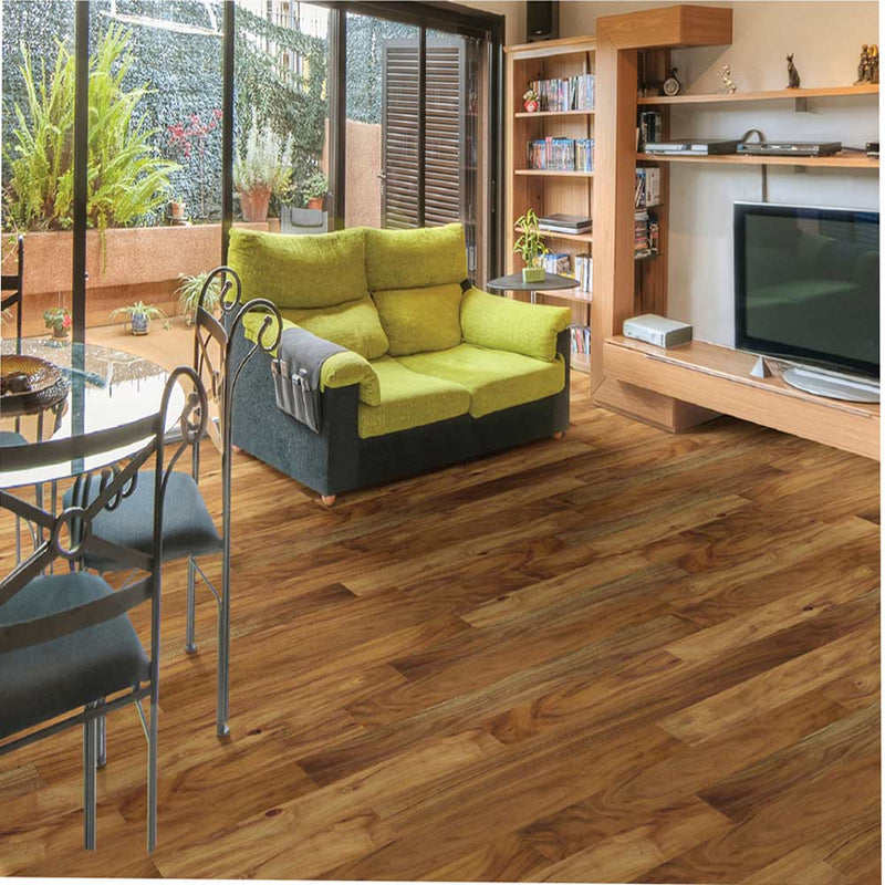 Multilayer engineered wood 5 wide 38 thick small leaf acacia handscraped natural acacia E625 legend collection room shot living room view