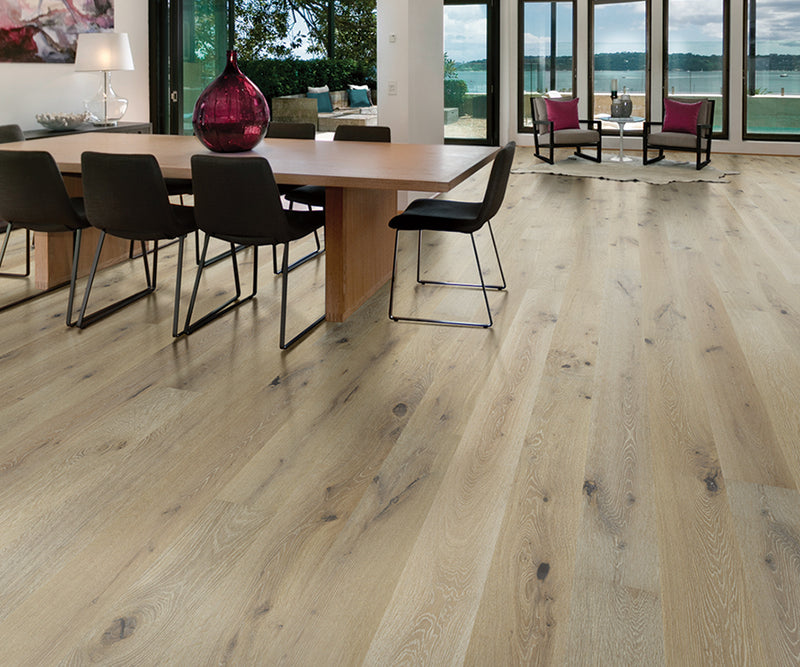 Multilayer engineered wood 7.5 wide 9 16 thick oak brushed tobacco E390 legend collection room shot dining area