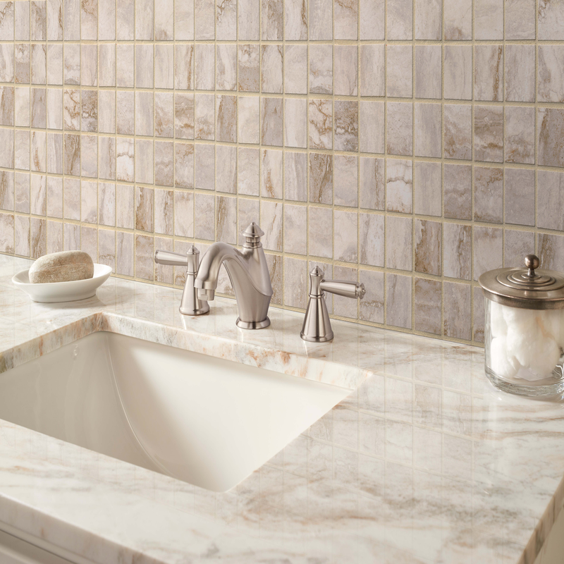 Bernini Camo 12"x12" Matte Porcelain Mesh-Mounted Mosaic Tile room shot bathroom table view 5