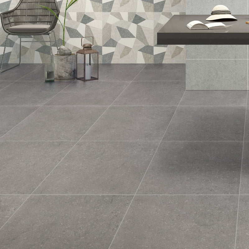 Dimensions Gris Matte Porcelain Floor and Wall Tile - MSI Collection product shot living room view