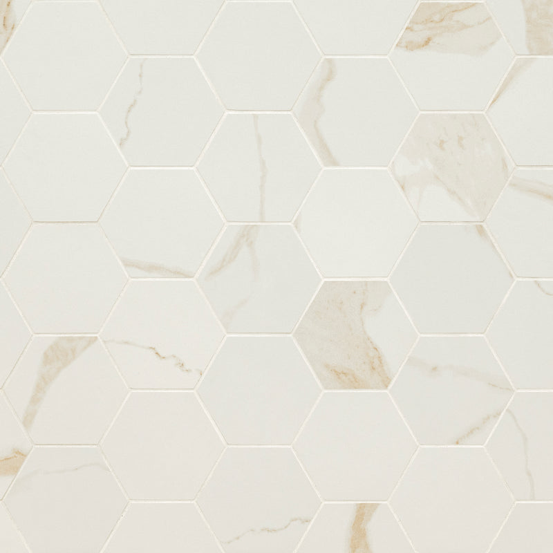 Eden Calcatta 12"x12" Hexagon 3" Matte Porcelain Mosaic Tile product shot wall view