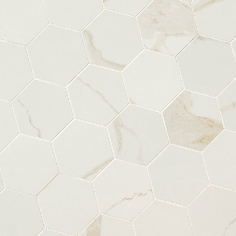 Eden Calcatta 12"x12" Hexagon 3" Matte Porcelain Mosaic Tile product shot wall view 2