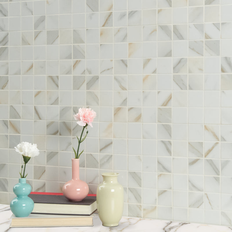 Pietra Calacatta 12"x12" Polished Porcelain Mesh-Mounted Mosaic Tile room shot bathroom view 3