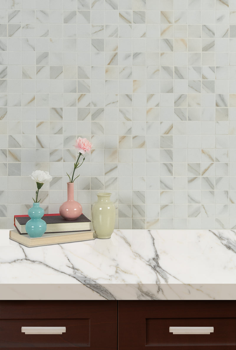 Pietra Calacatta 12"x12" Polished Porcelain Mesh-Mounted Mosaic Tile room shot bathroom view 5