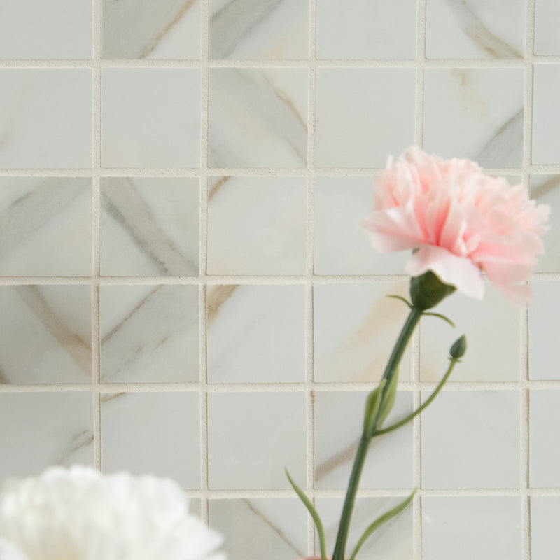 Pietra Calacatta 12"x12" Polished Porcelain Mesh-Mounted Mosaic Tile room shot bathroom view 2