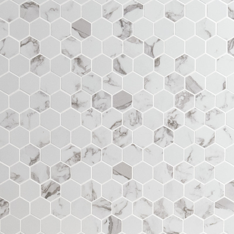 Pietra Statuario 12"x12" Matte 2" Hexagon Porcelain Mesh-Mounted Mosaic Tile product shot wall view