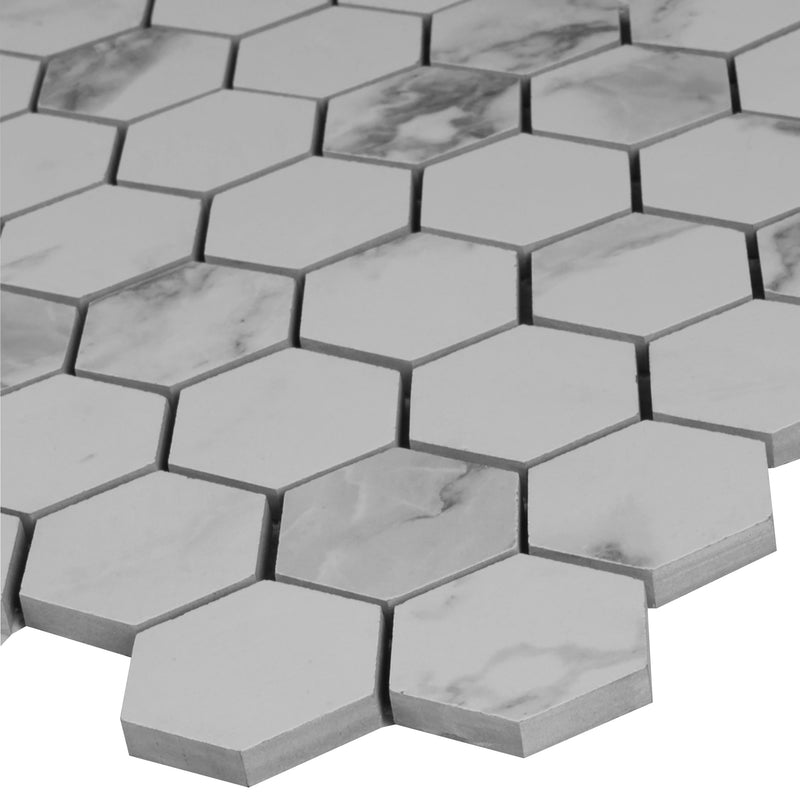Pietra Statuario 12"x12" Matte 2" Hexagon Porcelain Mesh-Mounted Mosaic Tile product shot profile view