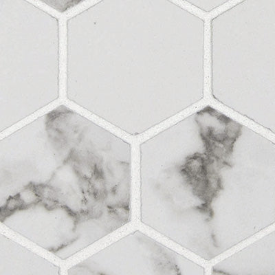 Pietra Statuario 12"x12" Matte 2" Hexagon Porcelain Mesh-Mounted Mosaic Tile product shot wall closeup view