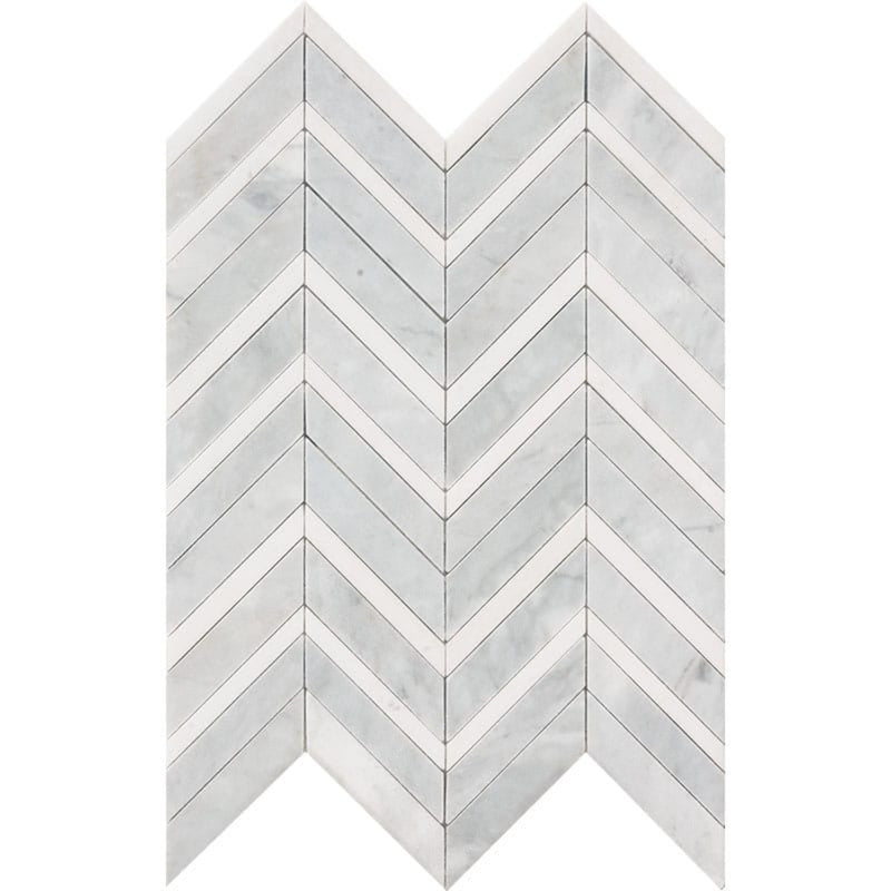 Cararra, Winslow White 16"x11 7/8" Multi Finish Chevron Fusion Marble Mosaic product shot tile view
