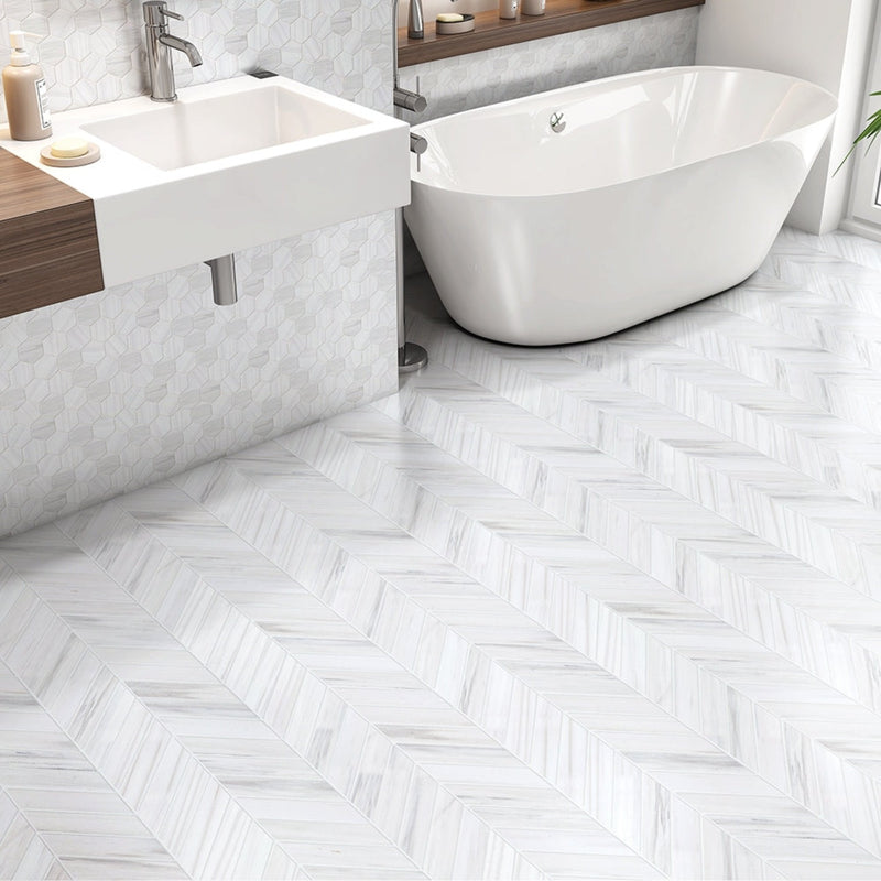 Chevron White Dolomiti 13"x10" Classic Honed Marble Waterjet Decos product shot tile view room shot bathroom view