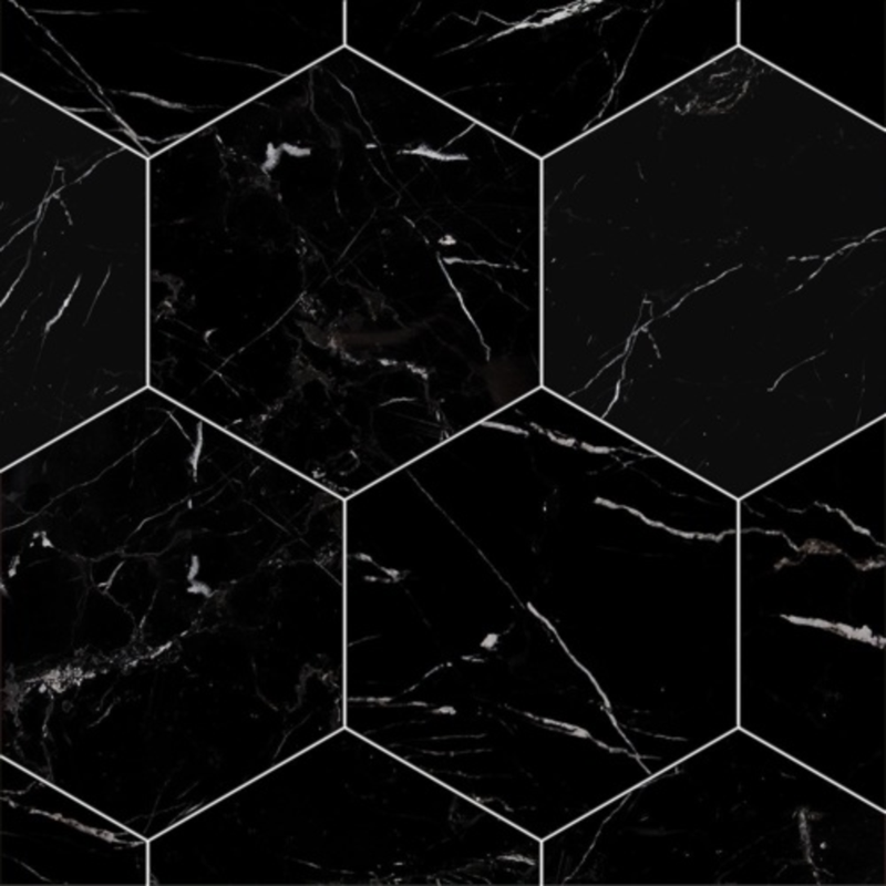 Black 8" Honed Hexagon Marble Tile 8"x8" - Checkerboard Collection product shot wall view